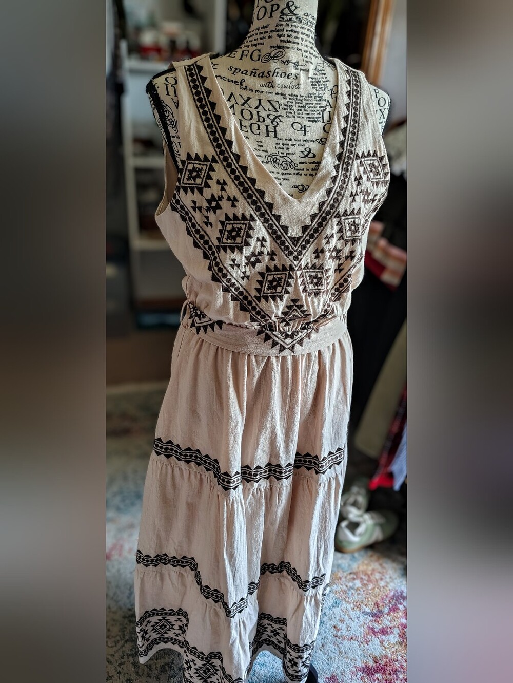 Brand New! Savanna Jane Cream Maxi Dress with Black Geometric Embroidery